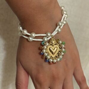 Gold Heart Charm Bracelet with Pearls